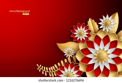 Panda 3D de flores de estilo arabesco dorado y rojo sobre fondo rojo oscuro