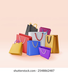 3D bunch of shopping bag isolated. Render collection of realistic gift bag. Sale discount or clearance concept. Online or retail shopping symbol. Fashion handbag. Vector illustration