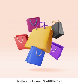 Bando 3D de saco de compras isolado. Renderizar coleção de saco de presente realista. Conceito de desconto ou liberação de venda. Símbolo de compras online ou de varejo. Bolsa de moda. Ilustração vetorial