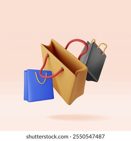 Manojo 3D de bolso de compras aislado. Render colección de bolso de regalo realista. Descuento de venta o concepto de liquidación. Símbolo de compras en línea o al por menor. Bolso de la moda. Ilustración vectorial