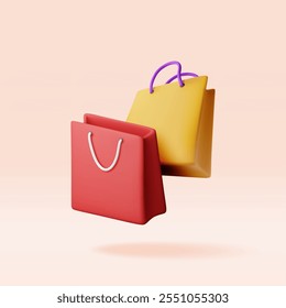 Manojo 3D de bolso de compras aislado. Render colección de bolso de regalo realista. Descuento de venta o concepto de liquidación. Símbolo de compras en línea o al por menor. Bolso de la moda. Ilustración vectorial