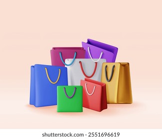 Manojo 3D de bolso de compras aislado. Render colección de bolso de regalo realista. Descuento de venta o concepto de liquidación. Símbolo de compras en línea o al por menor. Bolso de la moda. Ilustración vectorial