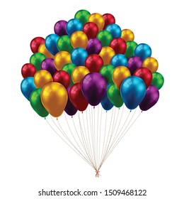 3D Bunches and groups of colorful shiny and gross balloons flying by helium gas, for party, happy and celebrate decoration concept on white background