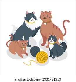 3d Bundle of adorable cats stretching itself, playing with ball of yarn, hiding in box or basket. Set of purebred pet animals isolated on white background. Flat cartoon vector illustration.