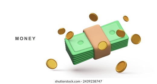 3d Bundle cash and flyaning coins. Vector illustration.