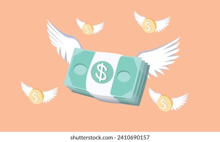 3D Bundles cash and floating coins around.money-saving, cashless society concept.3d goal for business, bank, finance, investment, money illustrations.