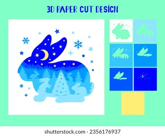 3D Bunny Christmas shadow box. Vector layered tunnel card. Merry Christmas multilayer paper cut design. Template for paper cutting. Christmas light box.