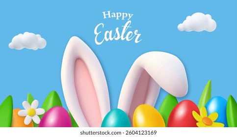 3d bunny ears and colorful eggs in a grass. Egg hunt party banner, invitation or greeting card design. Vector illustration