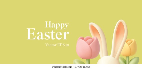 3D bunny ears, tulips. Spring Easter greeting banner. Minimalist pastel design. Celebration, religion. fun. Vector illustration.