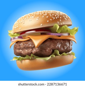 3d Burger with beef and bacon, craft burger, cheese burger, vegetables and tomato, oil paint, digital paint, on white background. Street food, take-away. Fast food hand drawn digital illustration.