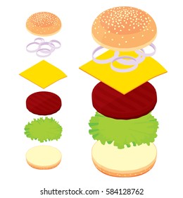 3d burger, cheeseburger, set of ingredients bread, meat, cheese in isometric