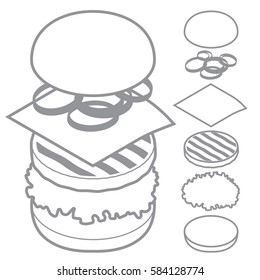 3d burger, cheeseburger, set of ingredients bread, meat, cheese, line art illustration