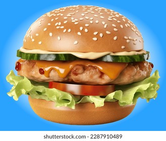 3d Burger with chicken, craft burger, cheese burger, vegetables and tomato, oil paint, realistic 3d, detailed render. Street food, take-away. Fast food hand drawn digital illustration.