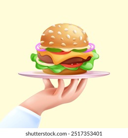 3d burger in hands. Hamburger on tray waiter hand cartoon character, cheeseburger cheddar cheese beef fast food dish serving plate dining meal, exact render vector illustration original artwork