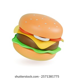 3D burger icon. Cheeseburger or hamburger fast food isolated on white background.