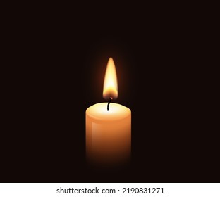 3d burning flame of wax candle at dark night vector illustration. Realistic yellow and red glowing magic candlelight on wick, memorial bright warm light of church gold candle on black background