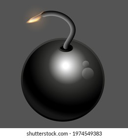 3d burning realistic bomb on a gray background. Stock illustration of explosives. Burning vector explosives.
