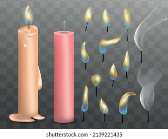 3D Burning Realistic Candle Set. Light Candle Set. Vector. Different Flame Of A Candle Icon Set Closeup On Gray Transparency Grid Background