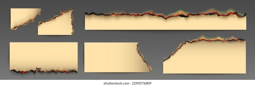 3 d efecto de borde de papel pergamino quemado con vector de fuego. Grabar página antigua aislada con textura de ceniza sobre fondo transparente. Juego de papel de hoja inflamable. Diseño de cliparte manuscrita de moldeo