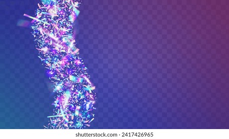 3d Burst. Disco Effect. Unicorn Tinsel. Blue Foil Ribbon. Carnaval Glitter. Glare Concept. Art Holographic Serpentine. Isolated Design. Purple 3d Burst