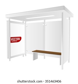 3d bus shelter with ad lightbox and bench. isolated on white. Vector illustration