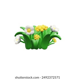 3D bush with flowers with white and yellow sticky notes, icon on a white background. The visualization of greenery gives freshness and naturalness to any project