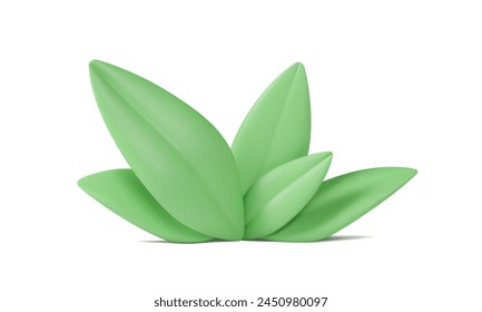 3d bush of leaves in plastic style. Green grass, garden foliage, herbal three dimensional element. Isolated vector illustration with shadow on ground. Tropical summer natural object.