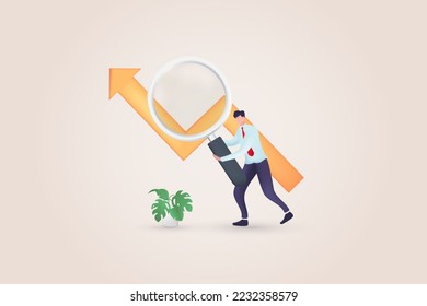 3D Business analysis, calculate or research for market growth, financial report, investment data or sale information concept, smart businessman analyst holding magnifying glass