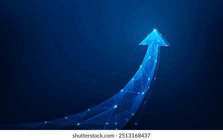 3d business arrow growth to target low poly wireframe on blue background. startup and achievement. vector illustration fantastic technology.