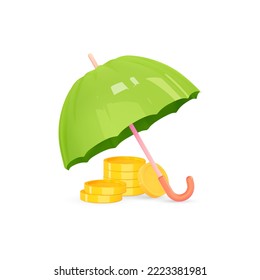 3d business and bank icon. Stack of coins under umbrella. The concept of insurance, protection, savings. Vector realistic illustration