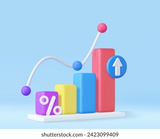 3d Business bar graph strategy concept. Business increase positive money financials, 3d rendering. Vector illustration