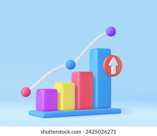 3d Business bar graph strategy concept. Business increase positive money financials, 3d rendering. Vector illustration