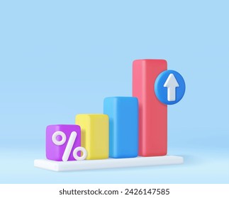 Concepto de estrategia de gráfico de barras de negocios 3d. Los negocios aumentan las finanzas de dinero positivo, renderizado 3d. Ilustración de vector