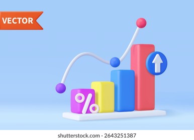 3d Business bar graph strategy concept. Business increase positive money financials, 3d rendering. Vector illustration