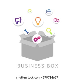 3D business box isolated on white background,vector illustration.For app,ads,advertising,application and web site.Inspiration concept with flat symbols set.Think outside the box
