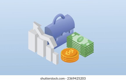 3D Maletín de negocios junto a la gráfica y flecha y columnas de monedas con signo de dólar, ayuda financiera comercial o ganancia de dinero.Diseño 3D.diseño vectorial isométrico Ilustración.