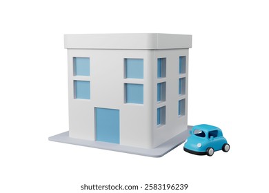 3D Business Building, Office and Business Concept, Small Blue Car Parked on the Side Stalk, 3D Rendering