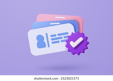 3d business card and check mark icon for verify branding identity, staff resources and check list button best choice for right, success, tick, accept. 3d choose icon vector render illustration