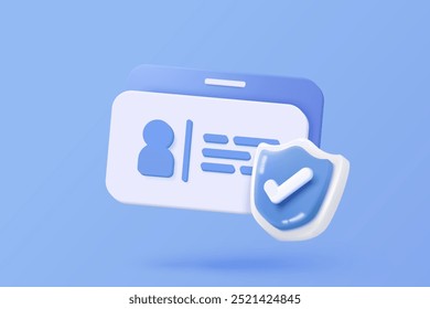 3d business card icon for present branding, corporate identity, advertising contact with shield protection. Card human resources, staff company. 3d identity security icon vector render illustration