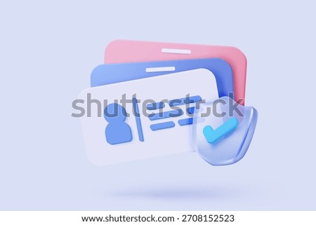 3d business card icon for present branding, corporate identity, advertising contact with shield protection. Card human resources, staff company. 3d identity security icon vector render illustration