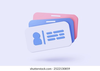 3d business card icon for presentation branding, corporate identity, advertising contact. Card with personal badge, human resources, staff company. 3d identity profile icon vector render illustration