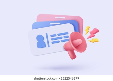 3d business card and megaphone speaker or loudspeaker bullhorn for announce branding identity, megaphone loud hailer with staff resources. 3d speakerphone notice icon vector render illustration