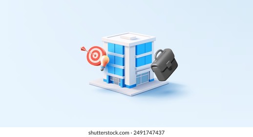 3D business center building, briefcase, target, light bulb. A modern rendering of a building for concepts of business, control, management, and successful projects. Vector