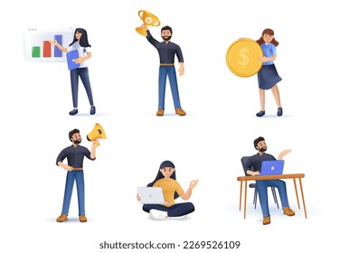 3D business characters that express various business vector illustration 3D render design illustrations set. 3D finance and workers icons