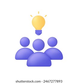 3D Business community with light bulb. People with creative idea. Meeting group, partnership concept. Trendy and modern vector in 3d style