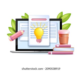 3D business content vector illustration, storytelling creative writing concept, digital document, bulb. Social media marketing, online education courses, laptop screen, books. 3D content creation