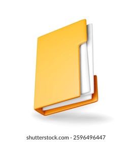 3D business folder full of papers isolated on white. Render yellow folder for correspondence, file for paper documents. Open folder icon, manila archive case or ring binder. Vector illustration