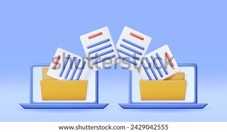 3D Business Folder Full of Papers on Laptop. Render Yellow Folder for Correspondence, Concept of File Transfer, Document Migration, Remote Access to Encrypted Documents. Vector Illustration