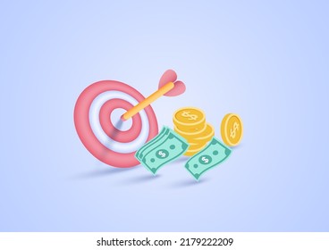 3D business goal idea. Success. Investment marketing. 3d arrow target center and dollar money on pastel background. Minimal cartoon icon. Vector illustration