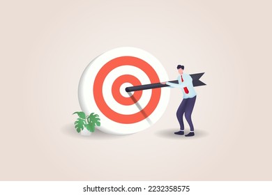 3D Business goals, goals or targets, goals and resolutions to achieve success, aspirations and motivation to achieve goals concept, confident businessman standing with arrow on target